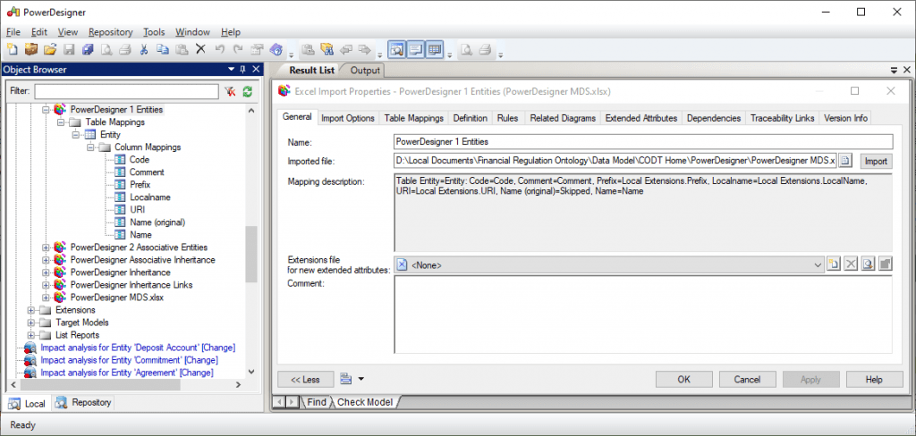A PowerDesigner screenshot of the Excel import properties for the CODT metadata set.