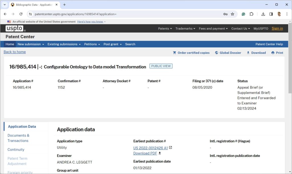 A screenshot of the CODT application on the US Patent center website.