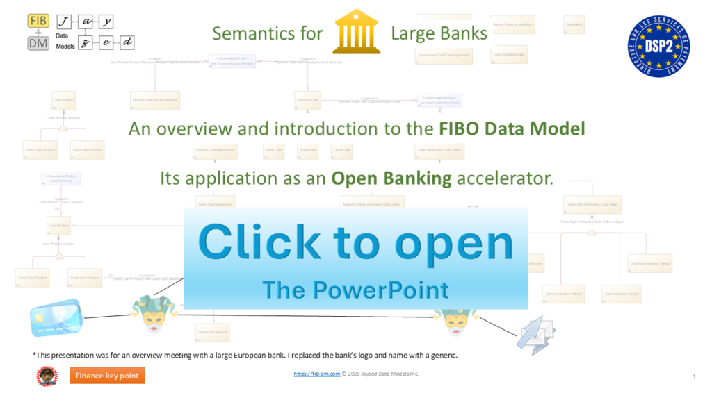 The Semantics for Large banks title slide with a "click to open" button.