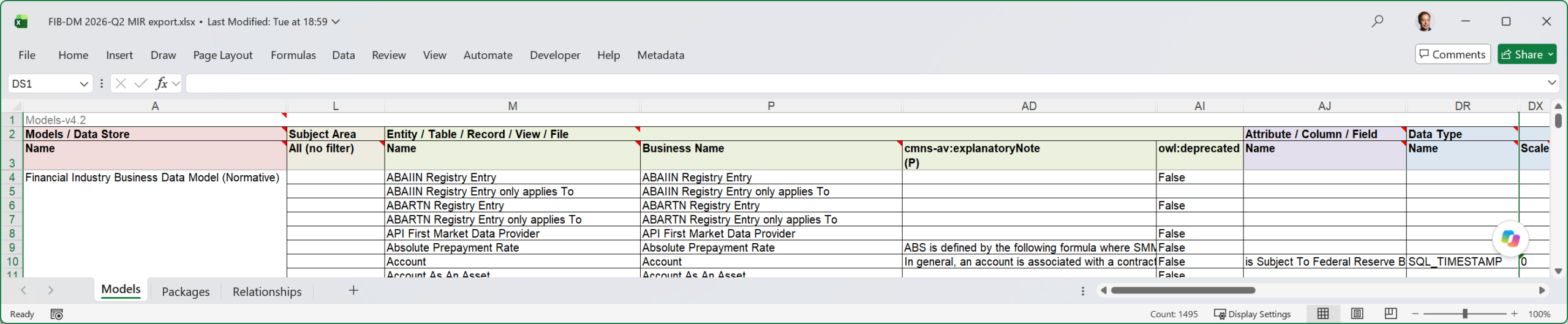 An Excel screen shot of the FIB-DM import Models sheet.