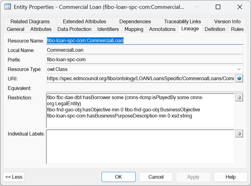 FIB-DM Enity lineage properties - Commercial Loan